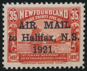 Lot 362, Newfoundland 1921 35c Halifax Airmail overprint with "period after 1921", XF NH, sold for C$585