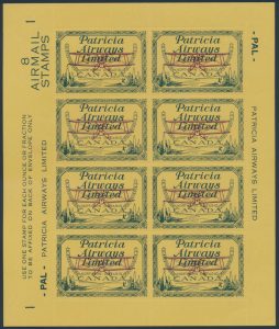 Lot 436, Canada 1928 ten cent Patricia Airways Limited pane of eight, XF NH with unlisted variety, sold for C$1,228