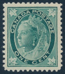 Lot 48, Canada 1897 one cent blue green Queen Victoria Leaf, XF NH, sold for C$468
