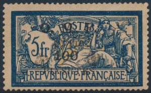 Lot 1079, Syria 1920 five franc dark blue surcharge with double impression of fleuron in black, Fine hinged