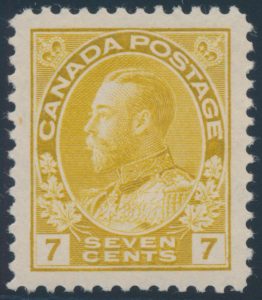 Lot 132, Canada 1917 seven cent yellow ochre Admiral, XF NH, sold for C$321