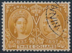 Lot 184, Canada 1897 three dollar yellow bistre Jubilee, VF Used c.d.s.