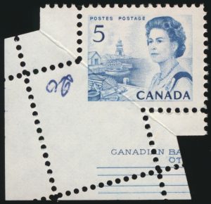 Lot 447, Canada 1967 five cent blue Centennial,VF hinged single with major preprinting foldover