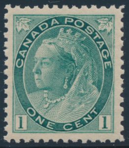 Lot 60, Canada 1898 one cent grey green Queen Victoria Numeral, XF NH, sold for C$351