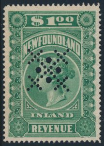 Lot 740, Newfoundland #R6c 1898 one dollar green Victoria revenue, VF used 