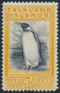 Lot 917, Falkland Islands 1933 five shilling orange yellow King Penguin, VF hinged