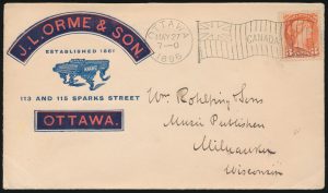 Front of Lot 1175, Canada 1896 Piano illustrated advertising cover with three cent Small Queen, Ottawa to Wisconsin 