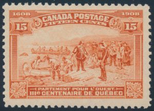Lot 295, Canada 1908 fifteen cent orange Québec Tercentenary, VF NH