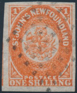 Lot 775, Newfoundland 1860 one shilling orange Heraldic, VF used with lozenge cancel