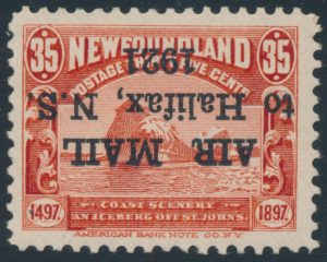 Lot 830, Newfoundland 1921 thirty-five cent red Halifax Airmail Issue with Inverted Overprint, VF mint