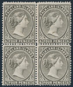 Lot 868, Falkland Islands 1886 four pence pale grey black Queen Victoria, Fine mint block of four