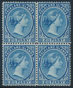 Lot 874, Falkland Islands 1894 two and a half pence deep blue Queen Victoria, F-VF mint block of four
