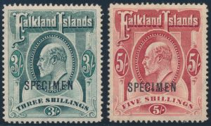 High values of Lot 884, Falkland Islands 1904-07 half pence to five shilling King Edward VII set with SPECIMEN overprint, F-VF hinged