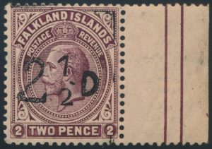 Lot 904, Falkland Islands 1928 2-1/2D on 2d King George V surcharge, F-VF mint NH, watermark