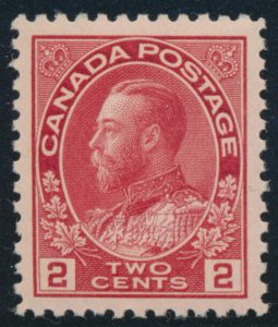 Lot 306, Canada 1911 two cent deep rose red Admiral, XF NH, sold for C$152
