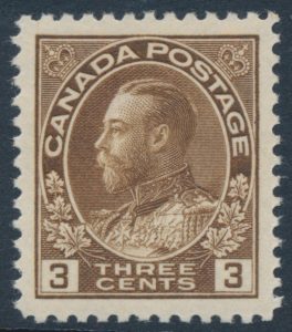 Lot 313, Canada 1923 three cent brown Admiral, dry printing, XF NH, sold for C$187