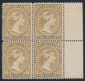Lot 879, Falkland Islands 1895 one shilling grey brown Victoria block of four, VF mint, sold for C$321