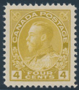 Lot 316, Canada 1922 four cent olive bistre Admiral, dry printing, XF NH, sold for C$351