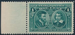 Lot 284, Canada 1908 one cent green Québec Tercentenary with hairlines in margins, XF NH, sold for C$210