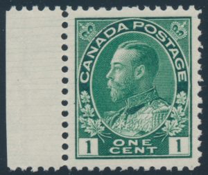 Lot 303, Canada 1911 one cent blue green Admiral with hairlines, XF NH, sold for C$351
