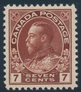 Lot 323, Canada 1924 seven cent red brown Admiral wet printing, XF NH, sold for C$175