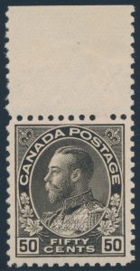 Lot 337, Canada 1917 fifty cent silver black Admiral, wet printing, VF NH, sold for C$1,872