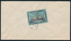 Back of Lot 1022, Canada 1927 Patricia Airways showing slightly descending overprint, on cover Toronto to Red Lake via Sioux Lookout