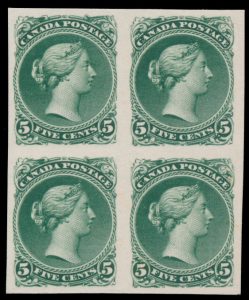 Lot 206, Canada five cent Large Queen trial colour plate proof block of four in deep green, VF