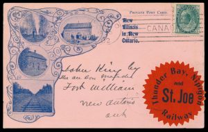 Lot 1057, Canada 1902 Bickerdike machine cancel on one cent Numeral Illustrated Advertising private postcard, Toronto to Fort William