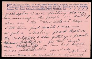 Back of Lot 1057, Canada 1902 Bickerdike machine cancel on one cent Numeral Illustrated Advertising private postcard, Toronto to Fort William