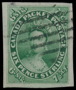Lot 177, Canada 1857 seven and a half cent green Queen Victoria, XF used with light grid cancel