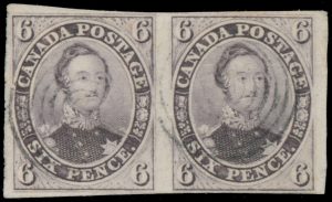 Lot 178, Canada 1857 six pence reddish purple Consort on thick soft paper, used horizontal pair