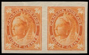 Lot 19, Canada 1897 eight cent orange Queen Victoria Leaf imperf pair on horizontal wove paper, VF NH