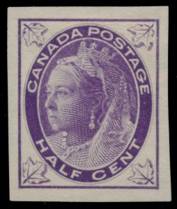 Lot 2, Canada half cent Queen Victoria Leaf Issue progressive proof in violet