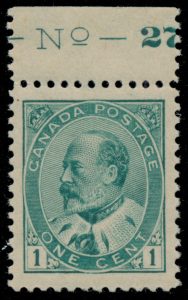 Lot 336, Canada 1903 one cent green King Edward VII, XF NH marginal single with part plate inscription