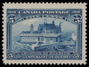 Lot 351, Canada 1908 five cent blue Québec Tercentenary, XF NH