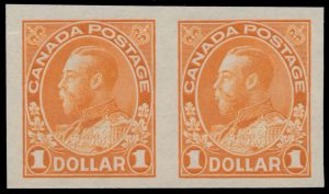 Lot 409, Canada 1925 one dollar orange Admiral, dry printing horizontal pair, XF NH