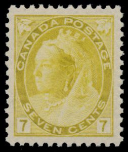 Lot 46, Canada 1902 seven cent olive yellow Queen Victoria Numeral, XF NH