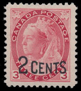 Lot 61, Canada 1899 2c on 3c carmine Queen Victoria Numeral provisional surcharge, XF NH
