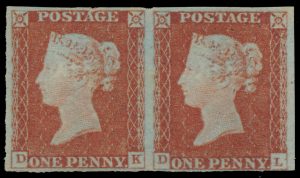Lot 868, Great Britain one pence red Queen Victoria on bluish paper, mint hinged horizontal pair