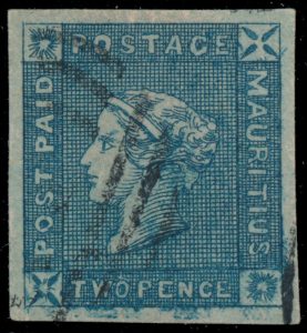 Lot 897, Mauritius 1859 two pence blue Queen Victoria on bluish paper, Early Printing forgery