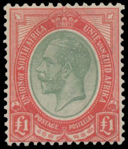 Lot 899, South Africa 1924 £1 light red and grey green King George V, Fine hinged