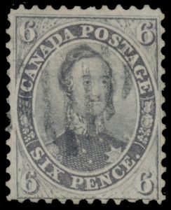 Lot 184, Canada 1859 six pence brown violet Consort perf 11-3/4, Fine used, sold for C$4,680