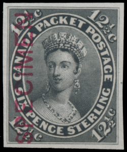 Lot 191, Canada 12-1/2c Queen Victoria plate proof in black with SPECIMEN in carmine, sold for C$6,084
