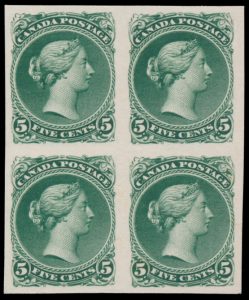 Lot 206, Canada five cent Large Queen trial colour plate proof in deep green, VF block of four, sold for C$6,552