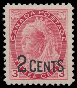 Lot 61, Canada 1899 2c on 3c carmine Queen Victoria Numeral, XF NH, sold for C$175