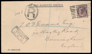 Lot 66, Canada 1898 ten cent Leaf O.H.M.S. Registered cover Ottawa to England, sold for C$702