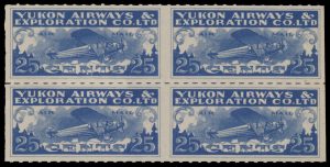 Lot 670, Canada 1927 twenty five cent blue Yukon Airways imperf vertically block of four, VF NH, sold for C$5,148