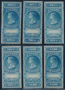 Lot 720, Canada 1876 10c to $5 blue Queen Victoria Law Stamp set without control numbers, VF NH, sold for C$2,106