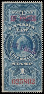 Lot 725, Canada 1897 one dollar blue Queen Victoria Law Stamp with red and purple In Prize overprints, Fine hinged, sold for C$2,574